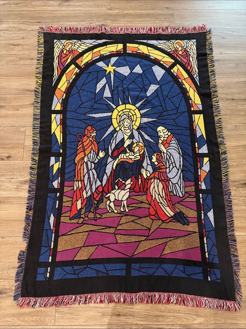 Vintage Stained Glass Style Nativity Blanket Tapestry. Christian. Christmas